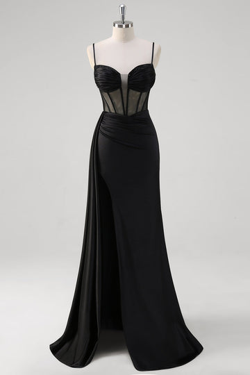 Nero Spaghetti Straps raso sirena lungo corsetto abito da cerimonia con fessura